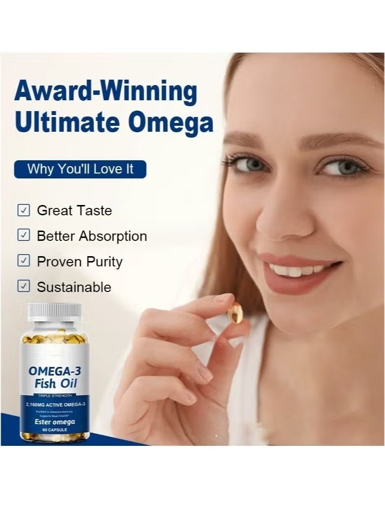 أوميغا زيت السمك أوميغا 3، قوة ثلاثية، 2160 ملغ أوميغا 3 النشط، ثلاثي الجليسيريد EPA و DHA. دعم القلب والدماغ والمفاصل، دعم الأوعية الدموية الدموية، صيانة وظيفة القلب والدماغ الطبيعية زيت السمك النقي، 60 كبسولة - Image 2